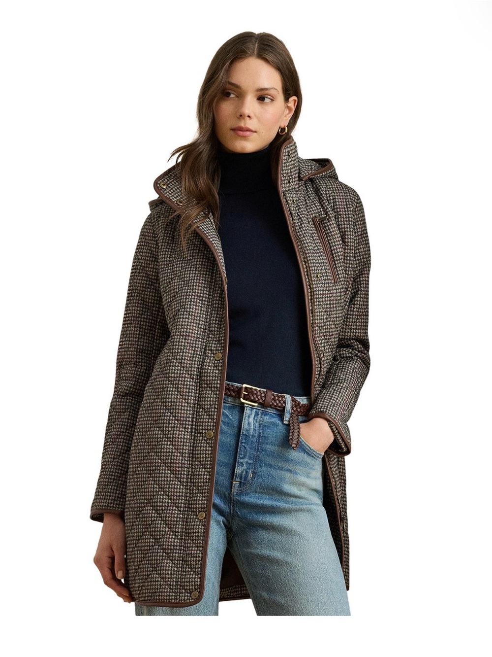 Lauren Ralph Lauren Quilted Plaid Long Coat - Brown Plaid with hooded